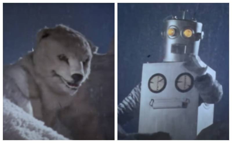 (L) A human dressed as a polar bear. (R) A very primitive, 1960s-era robot.