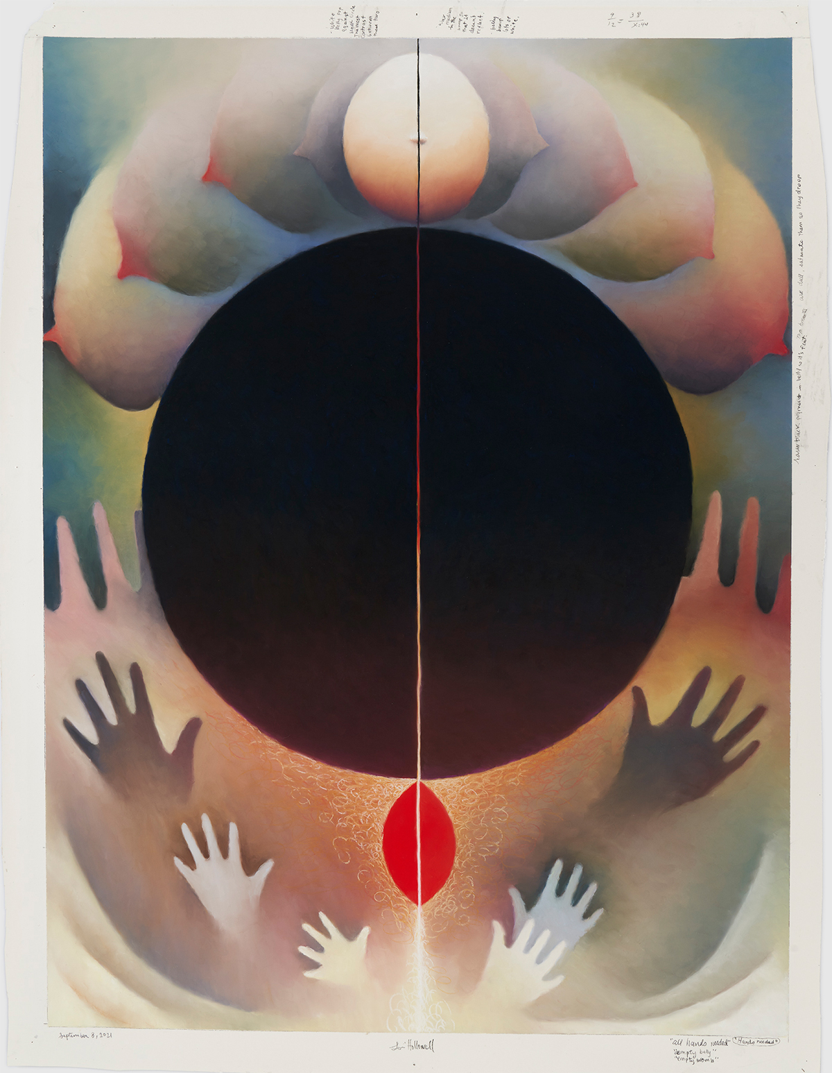 Vertical soft pastel drawing with black circle at center, surrounded by breasts, hands and a red vagina shape