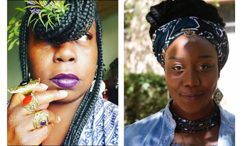 Two separate headshots in diptych, both showing Black women stylishly dressed and adorned in indigo 