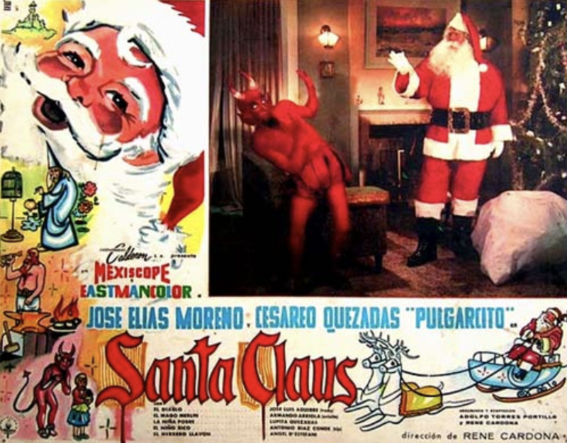 A promotional movie poster that shows a painting of Santa alongside a photo of a live action Santa arguing with a man dressed like the devil and covered in red body paint.