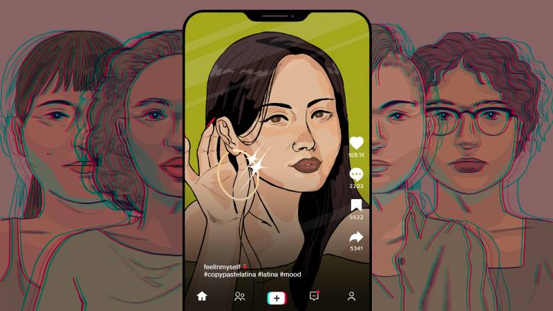An illustration of a woman with tan skin, dark brown hair and hoop earrings on a phone screen with the hashtag, #copypastelatina. Behind the phone, the faces of four other women are obscured.