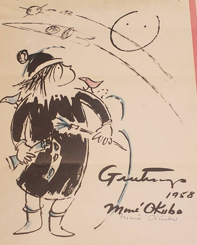 A freehand sketch shows a girl wearing a Christmas hat, in movement, with two small birds on her shoulders. She is looking over her shoulder at the sun which has dots for eyes. Stylish writing next to the girl says 'Greetings 1958. Miné Okubu.' 