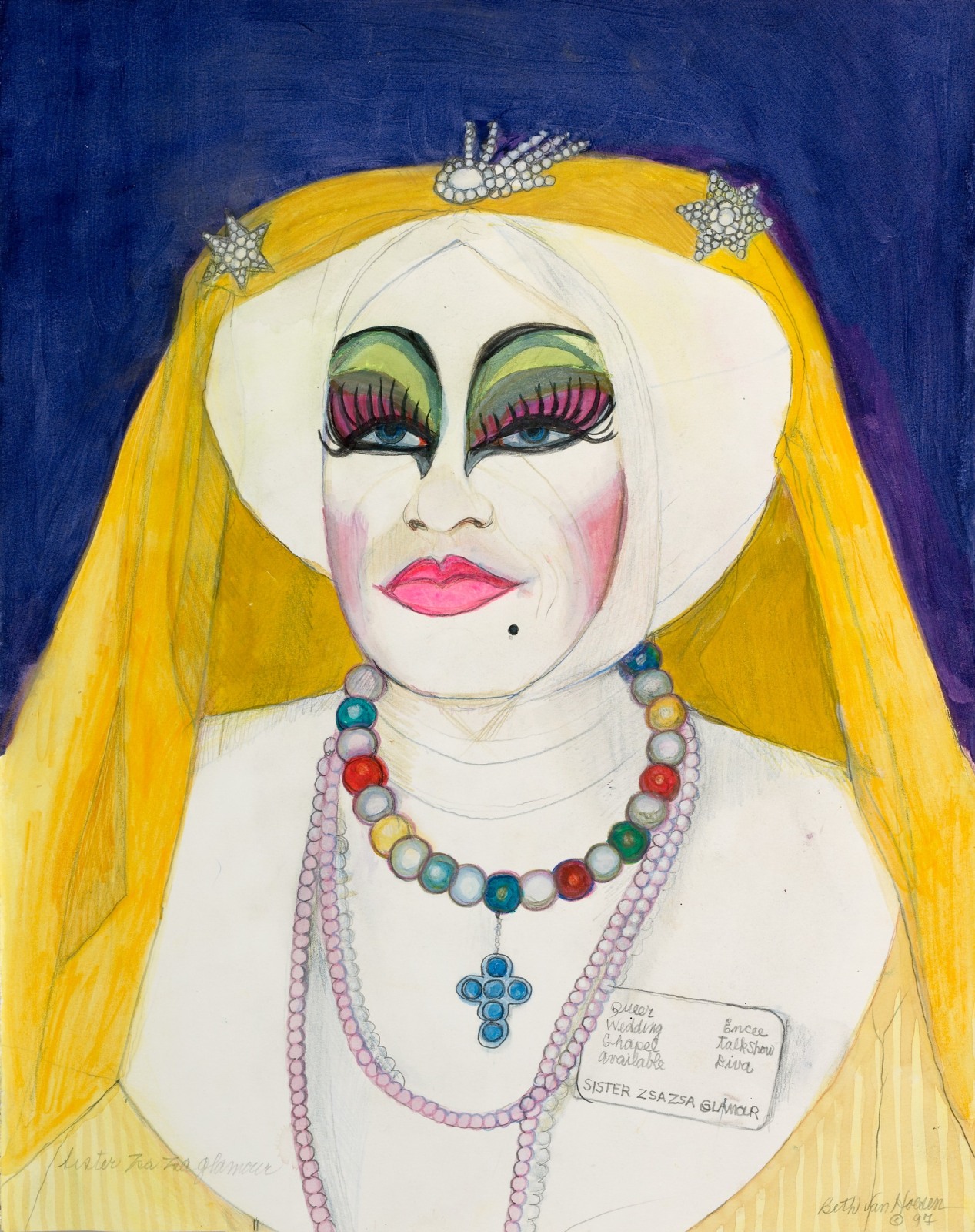 Drawing of drag queen in nun's habit with dramatic eye makeup and yellow veil