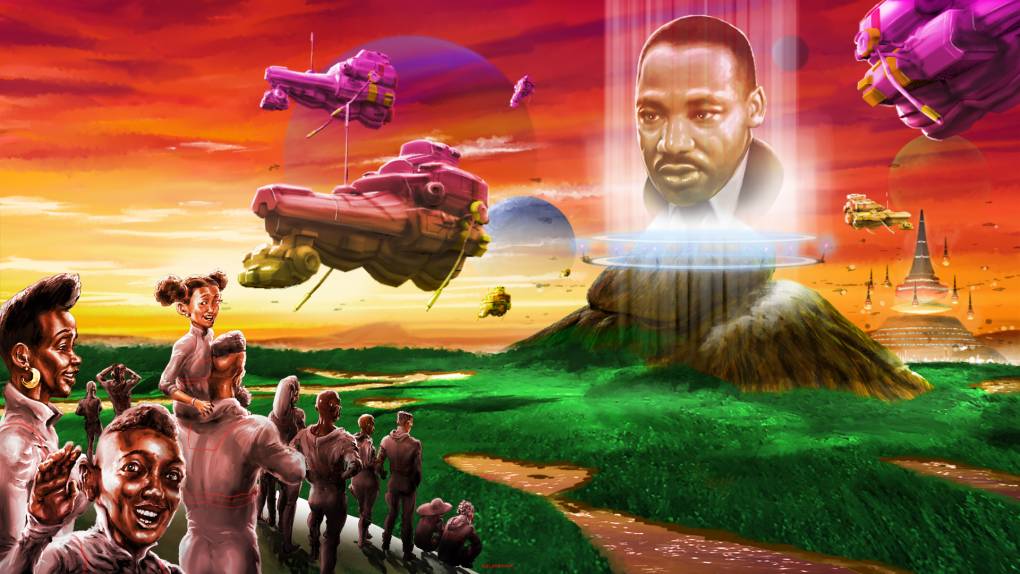 a colorful futuristic image with spaceships and an illustration of MLK Jr.