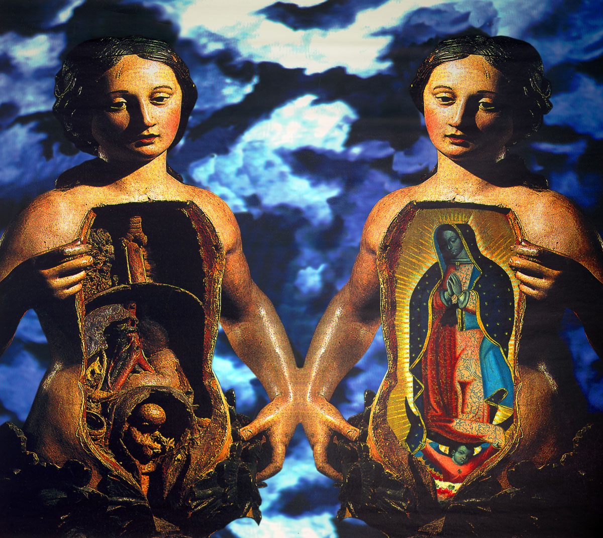 Doubled image of religious figure, one with insides show, other with Virgin of Guadalupe