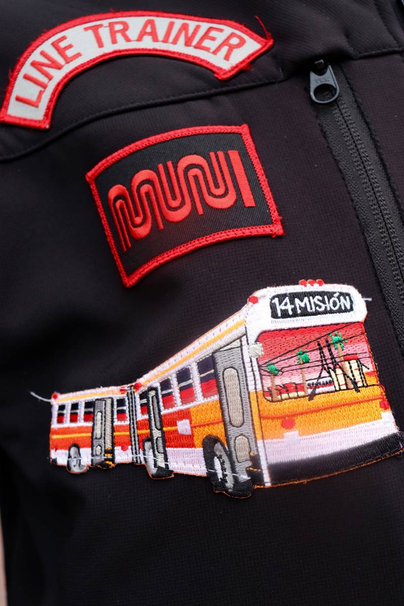 A jacket with custom public transit patches