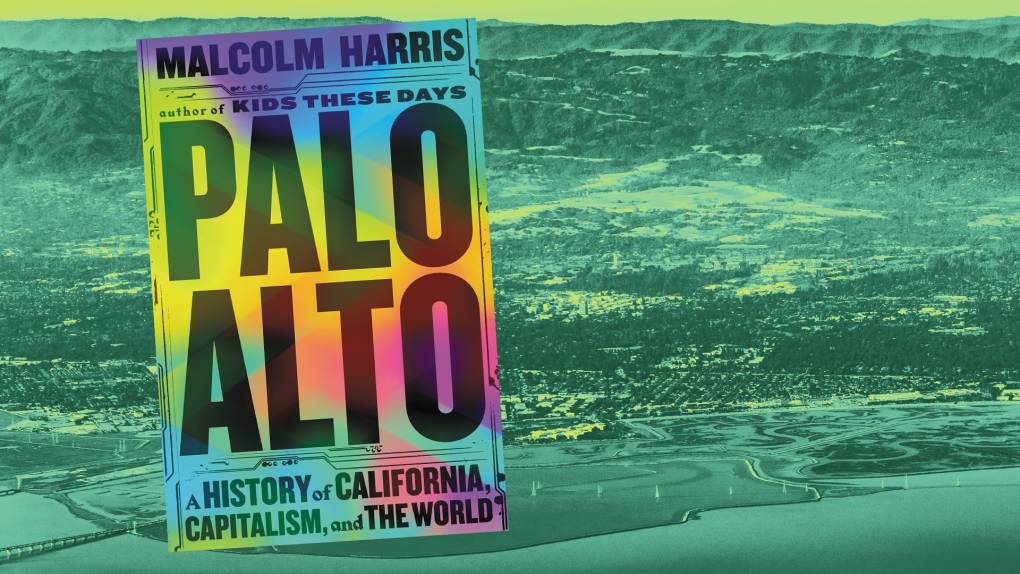 Brightly colored book cover reading 'Palo Alto' in all caps sits against green-hued image of the city taken from the SF Bay