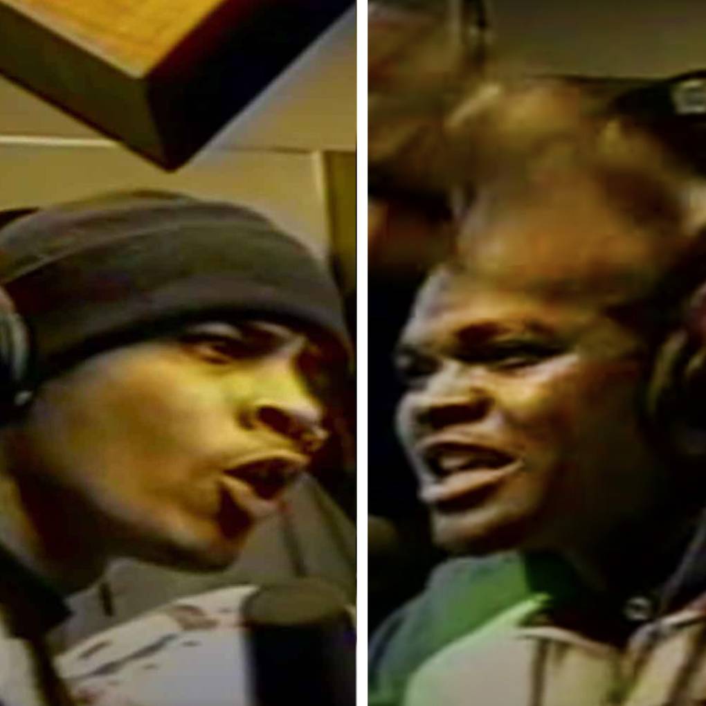 A diptych of a man in a black beanie on the left and a man in a colorful jacket on the right, facing each other and both rapping into microphones