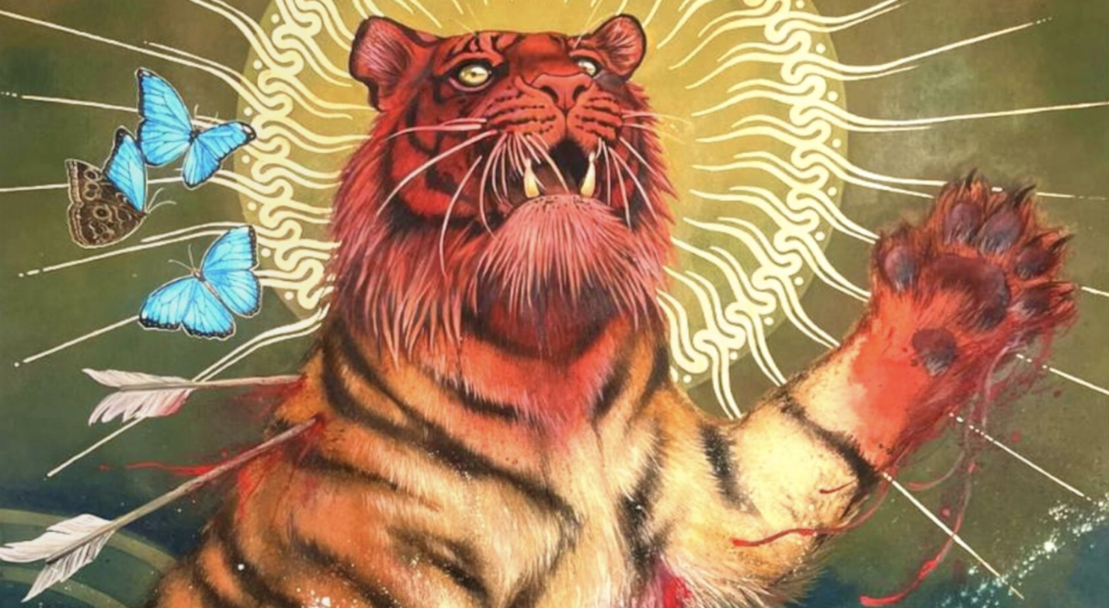 A painting depicts a tiger, one blood-soaked paw reaching upwards. Behind the tiger’s head is a gold halo. Next to it flies three blue butterflies.
