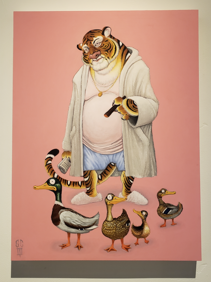 A painting depicts a cool looking tiger, walking on two legs and wearing gold chains, a bath robe and underwear. The tiger is holding a cigar. In front of him are four ducks of differing sizes with deranged facial expressions.