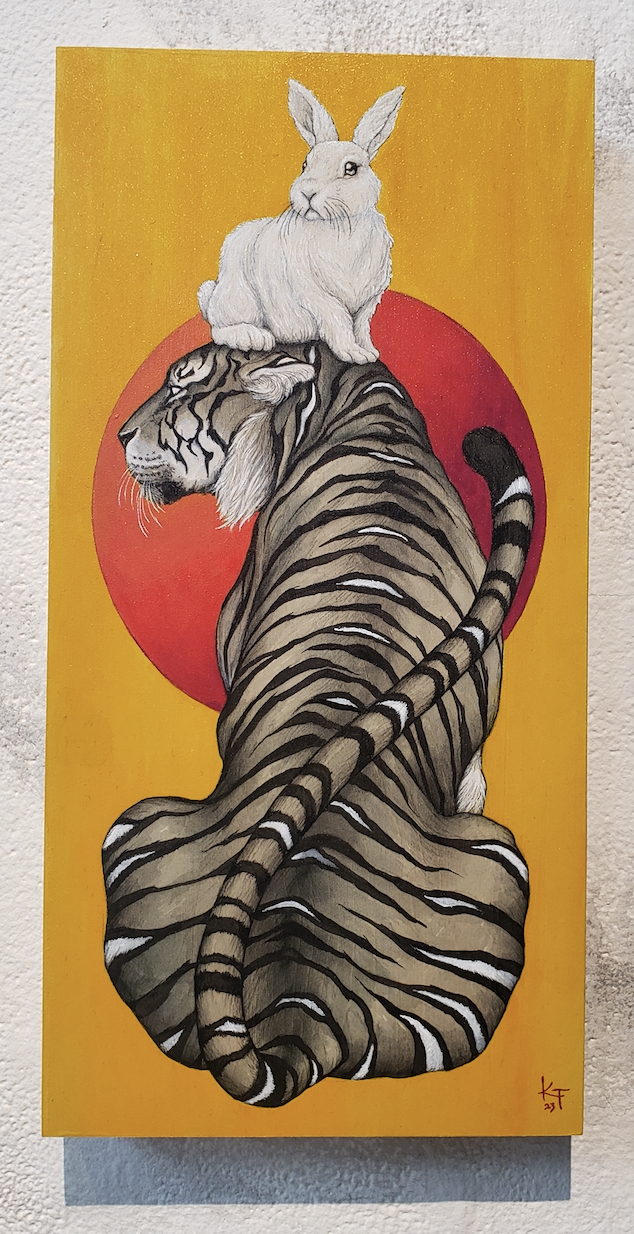 A painting featuring a tiger sitting upright, viewed from the rear. On its head sits a white rabbit facing forwards.
