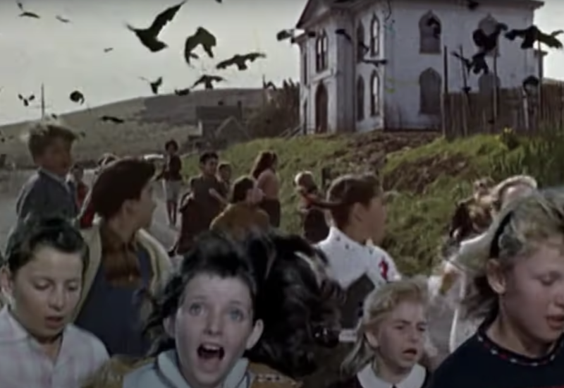 A crowd of screaming children run under a sky darkened by swooping crows. A school house stands in the distance.