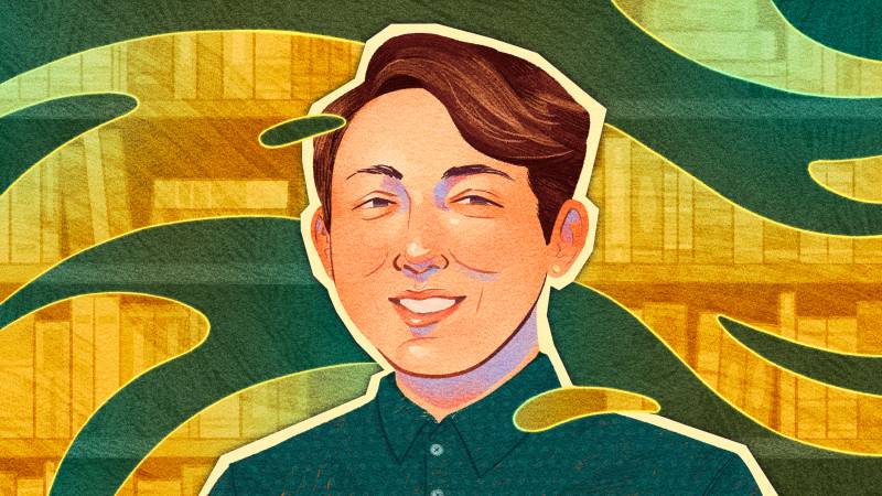 A green and yellow illustration depicting an androgynous person with short hair, smiling.