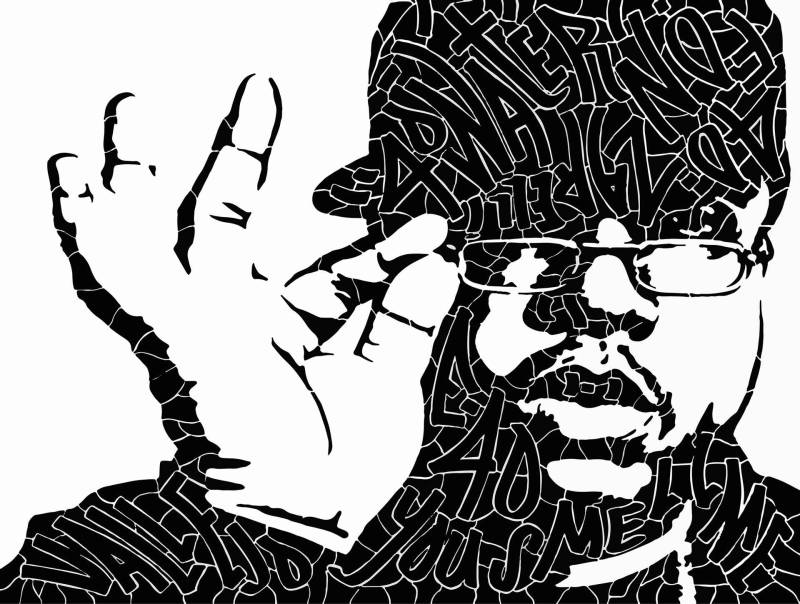 An illustration of the rapper e-40, holding his glasses, based on the cover to the album 'my ghetto report card'