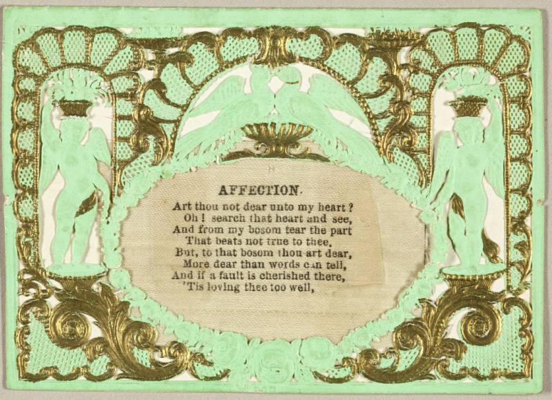 A delicate collaged card featuring layers of paper with ornate cutouts. In the center is a verse titled Affection.
