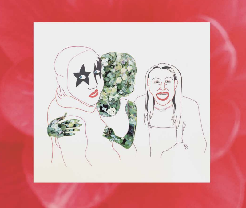 a line drawing of a smiling woman and another figure in a mask outlined in red