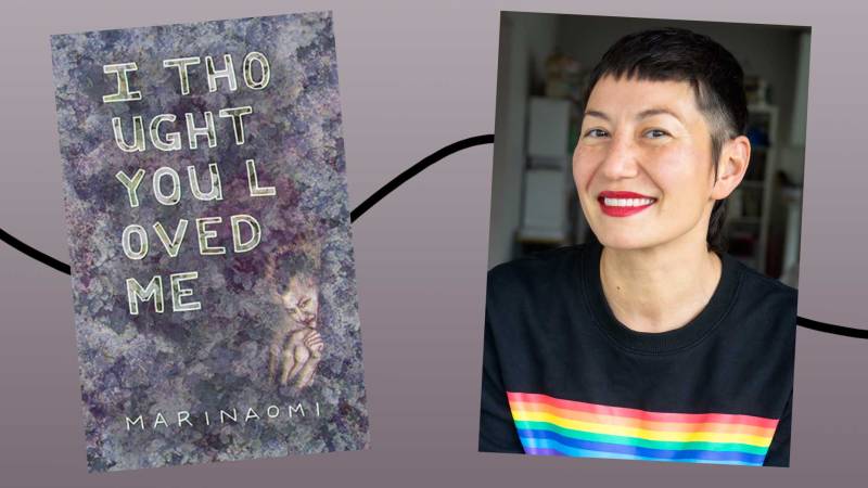 a book cover with hand-drawn lettering of the title, and a headshot of an author in red lipstick and a black and rainbow top