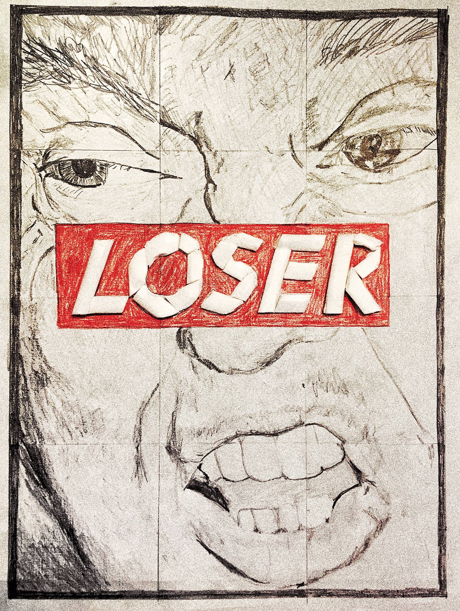 Close-up image of Donald Trumps face with white text on red block reading 'LOSER' over his nose