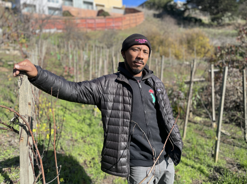 Christopher Renfro, co-founder of The 280 Project, standing in front of the vineyard at Alemany Farm.