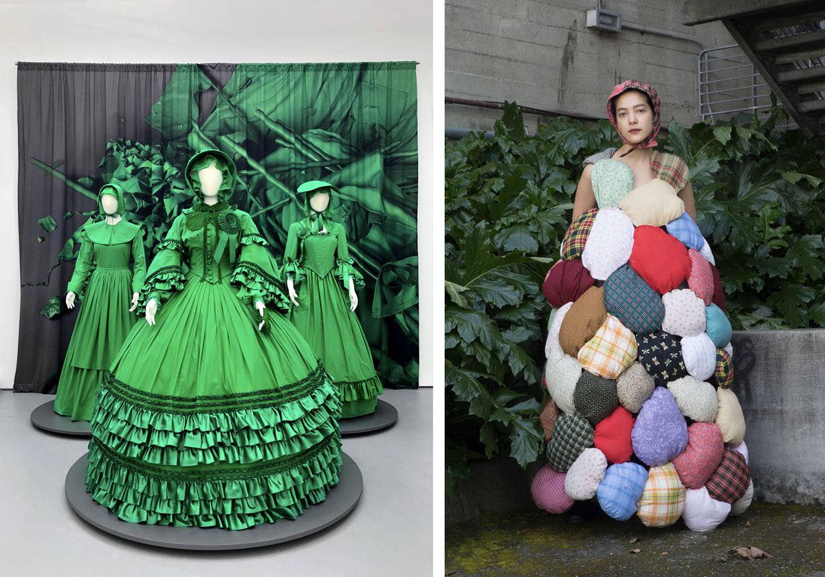 Left image of three mannequins in period dress made with green fabric, right image of model in puffy multicolored garment