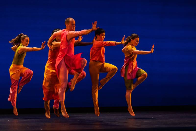 Five dancers stand in the same pose. They stand on one leg, their other leg is bent with their foot on their knee and one arm stretched out in front. 
