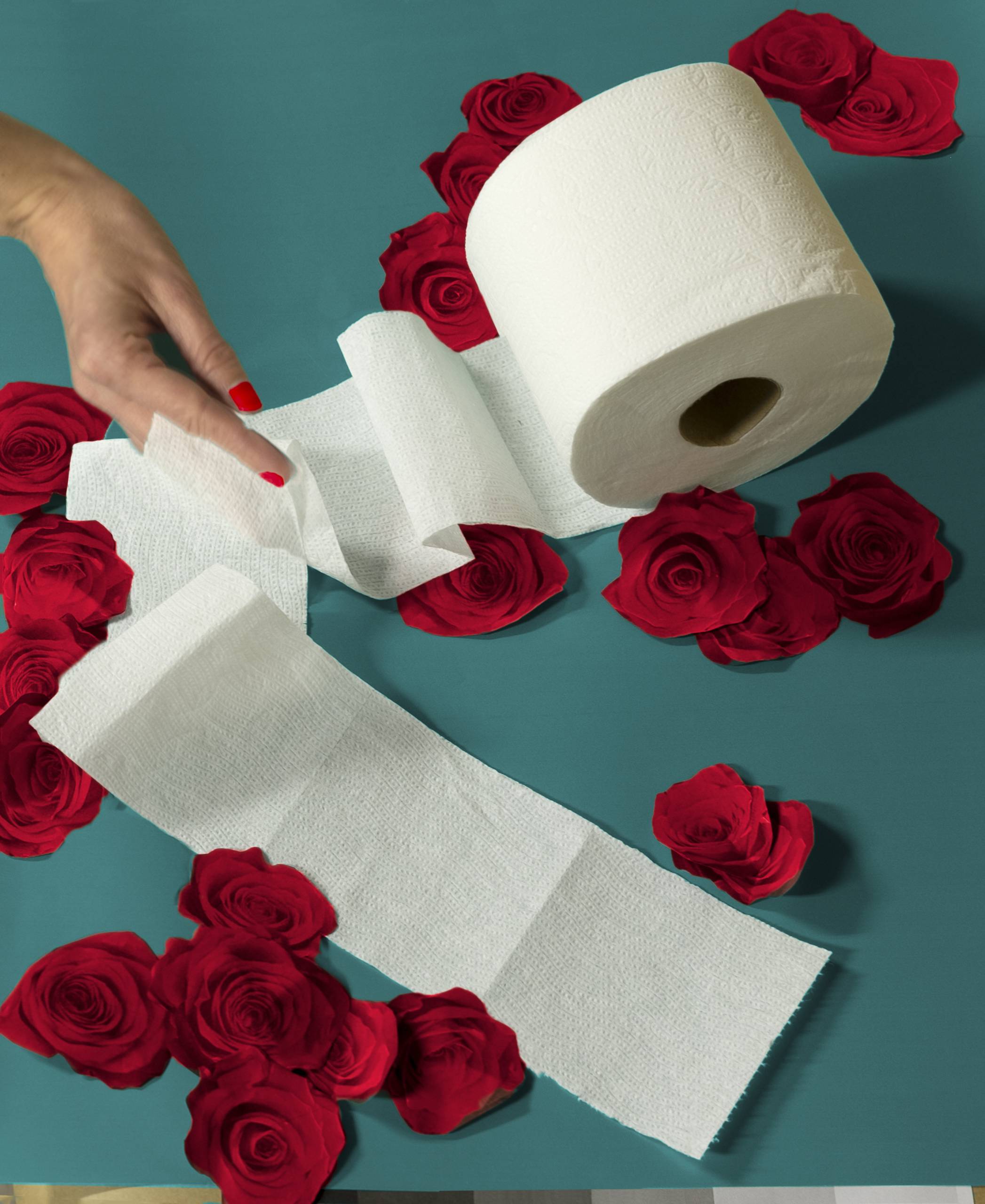 White hand with red nails touches unrolled toilet paper among cut-outs of red roses on teal background