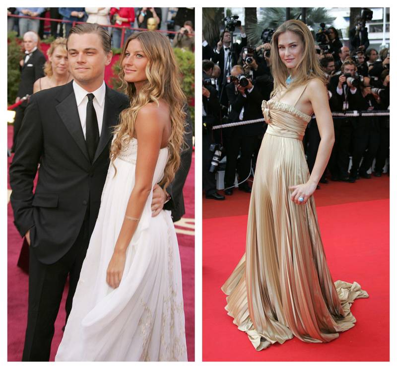 A photo of a white, fair-haired man in a suit embracing a tall slender woman with long blond hair, next to a photo of a different tall slender woman with long blond hair.