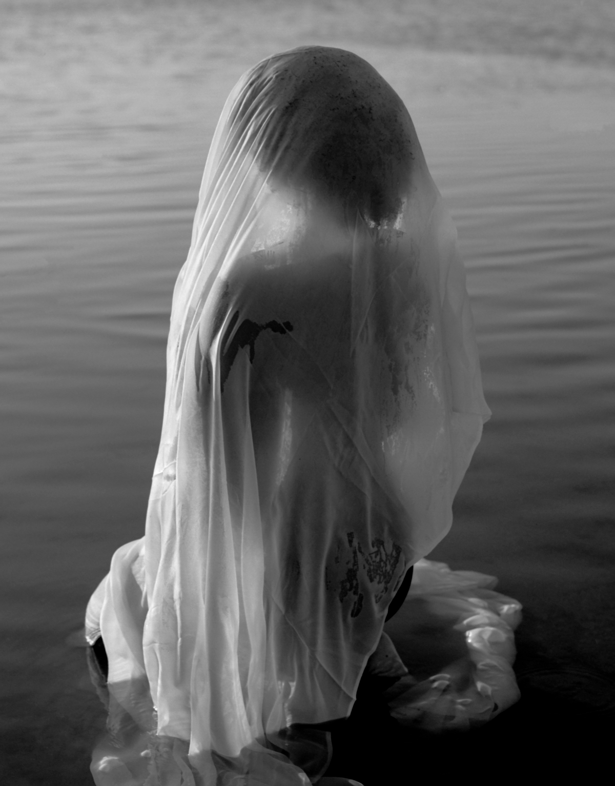 Black-and-white image of a woman's figure draped in transparent fabric, standing in water