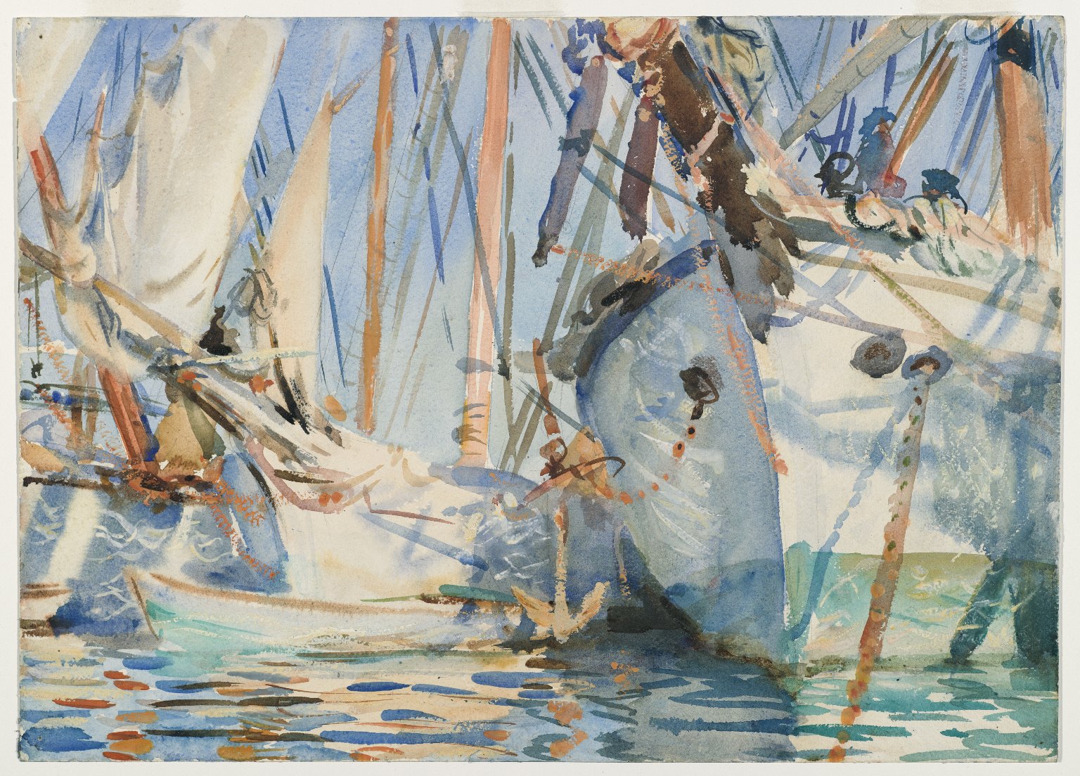 Watercolor with blue and green hues of ships, sails and rigging