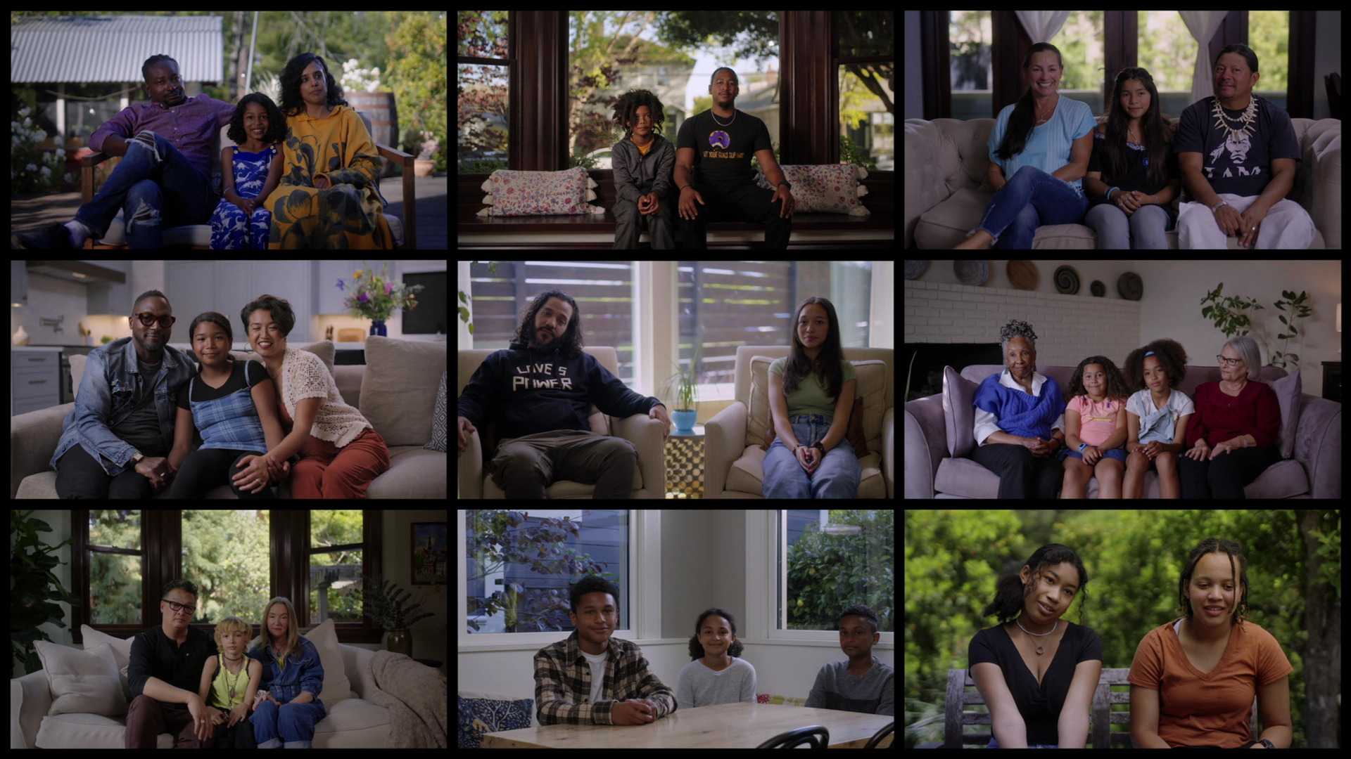 Grid of nine stills of families on couches and at tables