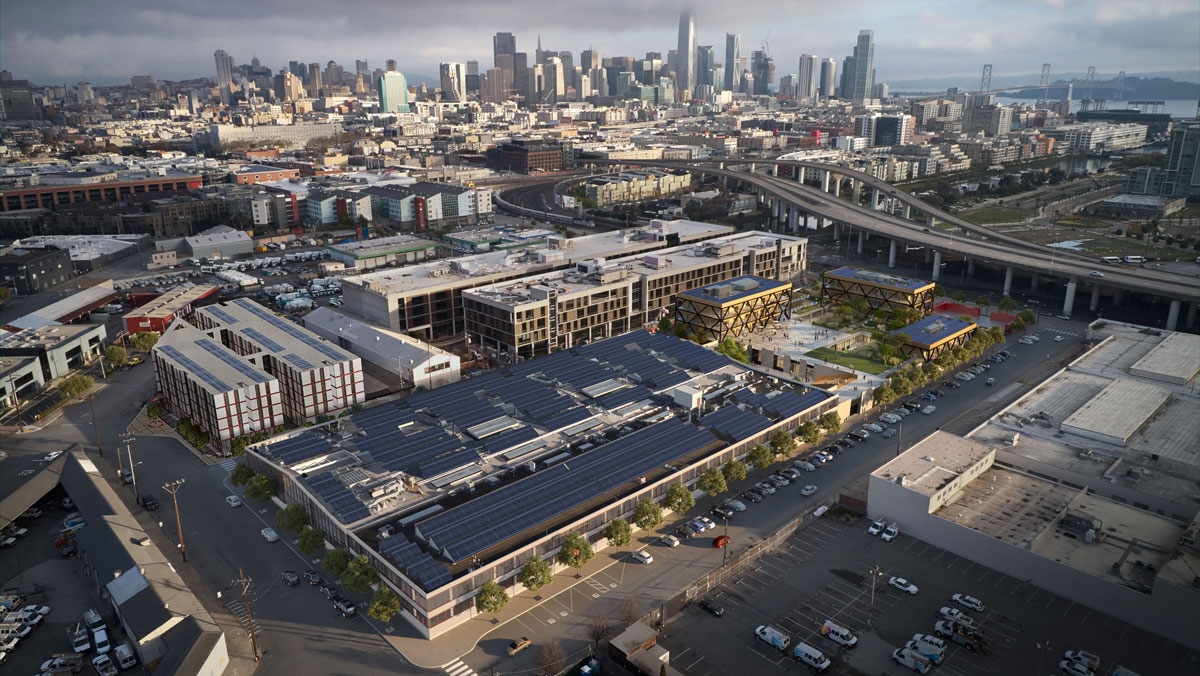 Panoramic view of SF design district with downtown in background 