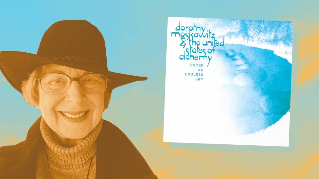 Image of smiling older woman overlaid on clouds with album cover beside her