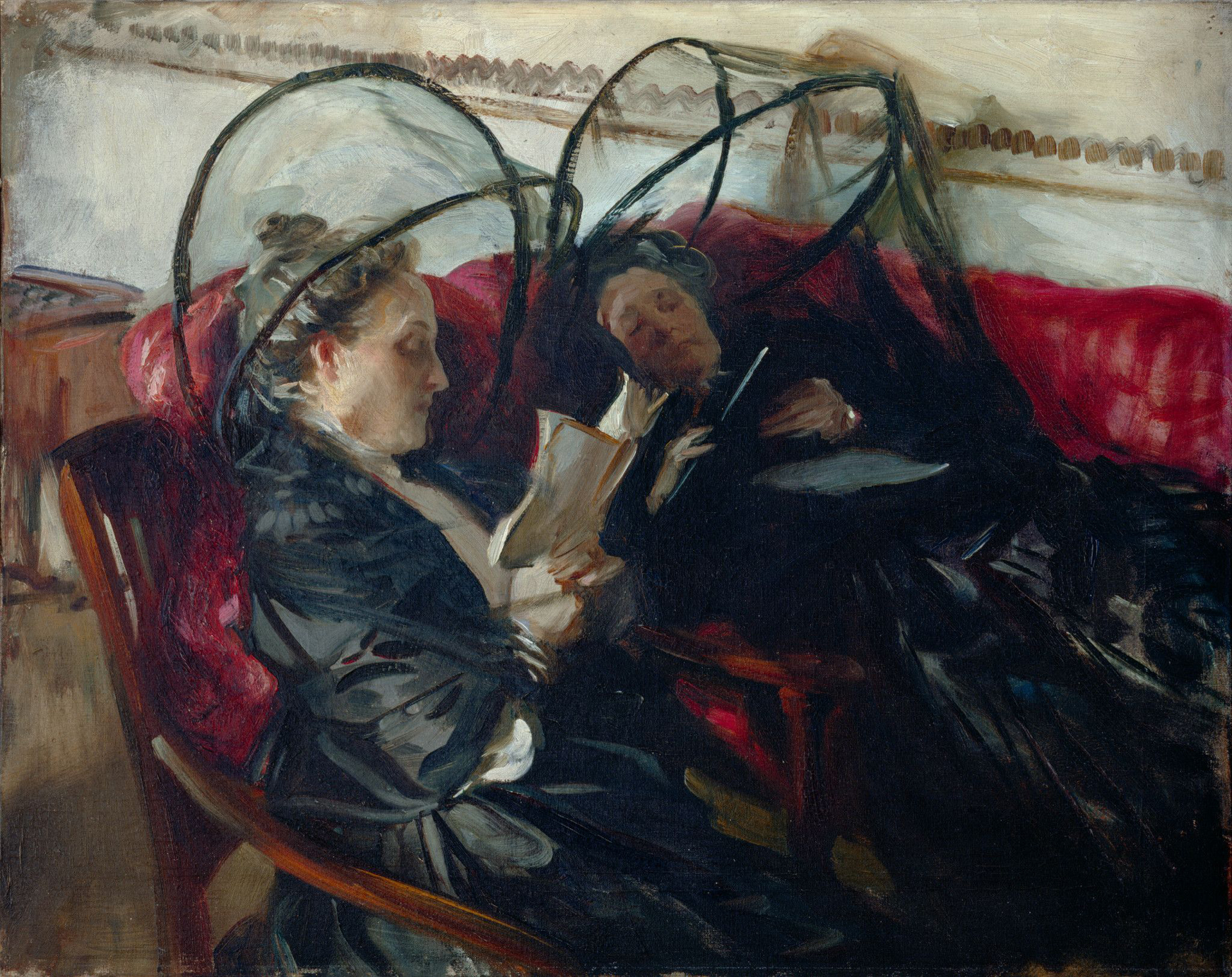 Painting of two white women under black netting reading books on red couch