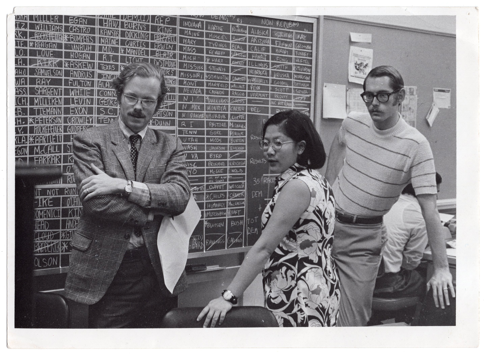 Black-and-white photo of two men and one Asian woman in front of blackboard covered in names