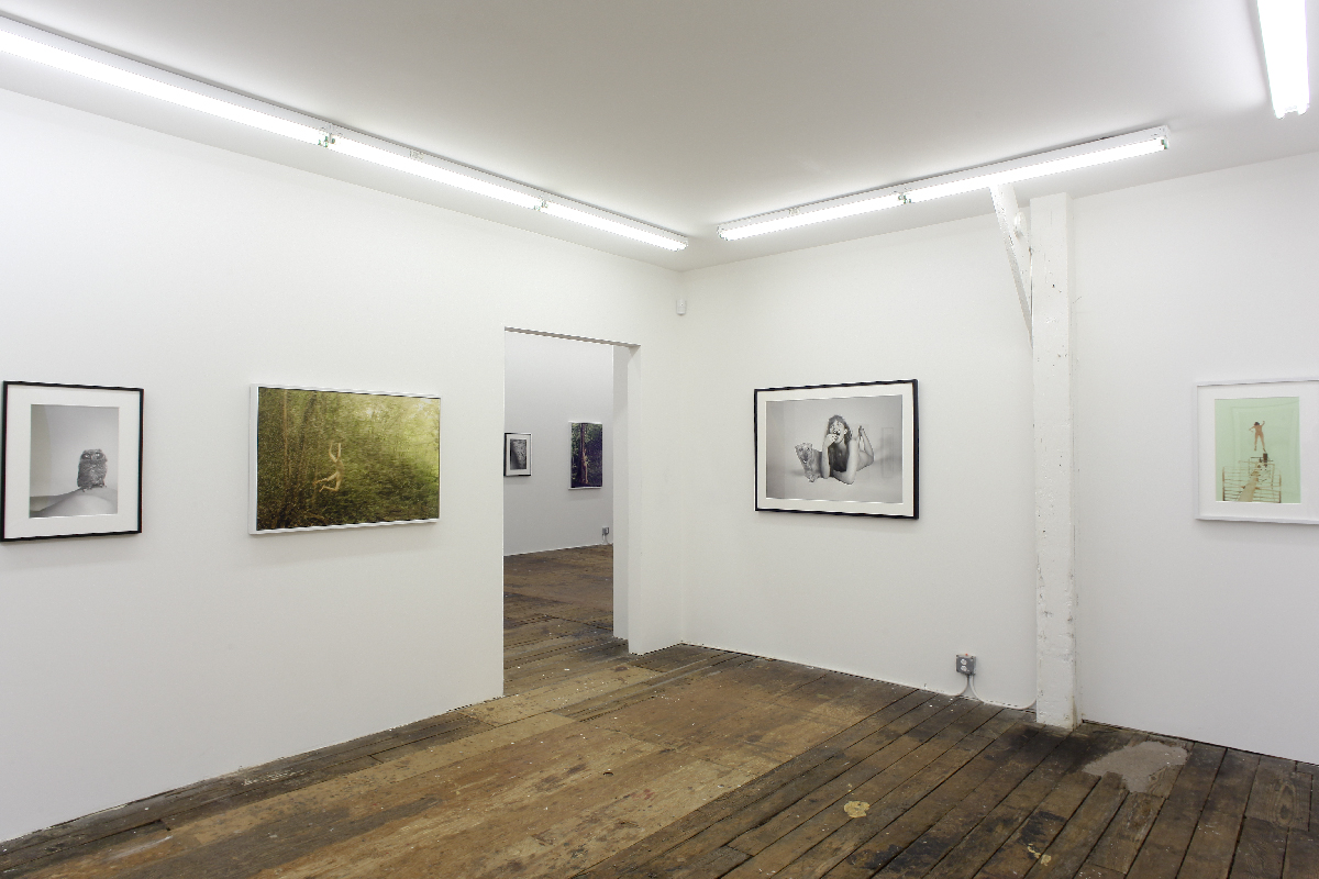 Wood floored gallery with large framed photographs on white walls