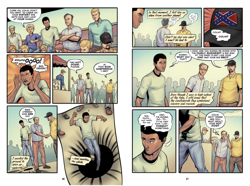 A double page spread in a comic book depicts a young Black man feeling uncomfortable at a sports game as his white father conducts a conversation with another white man wearing a confederate flag cap.