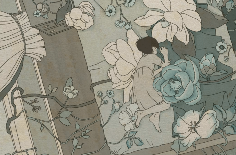 An illustration showing a small girl curled up alone in a large bed, surrounded on all side by giant flowers and vines. 