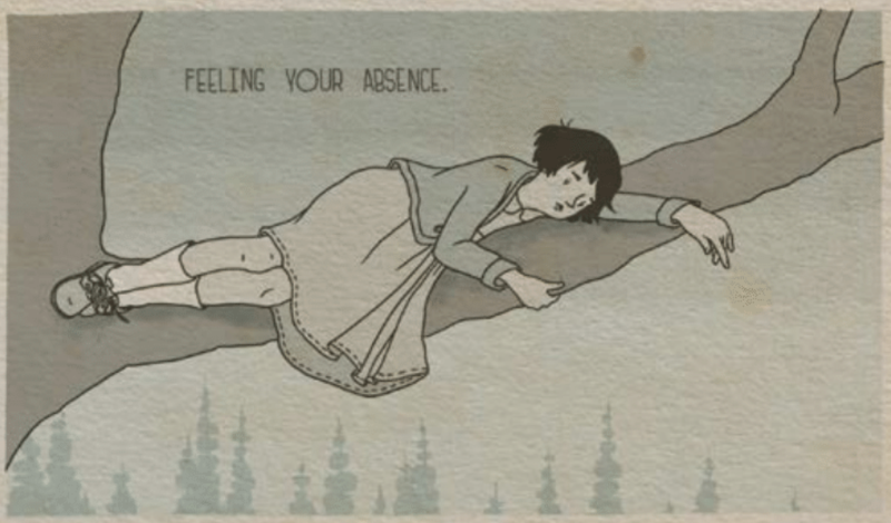An illustration depicts a small girl lying on a tree branch. A caption above her reads 'Feeling your absence.'