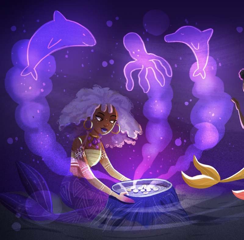 A children's book illustration depicts a sorceress using shells to predict the future. Hovering over her head are images of two dolphins and an octopus. 