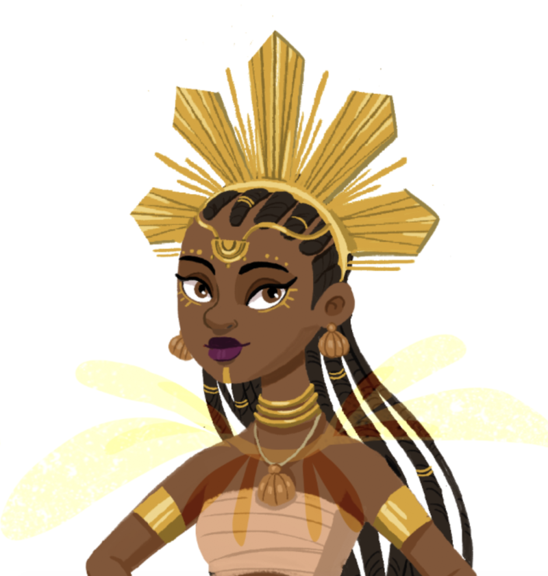 A children's book illustration of a Black woman wearing gold armbands, necklaces, earrings and elaborate headdress.