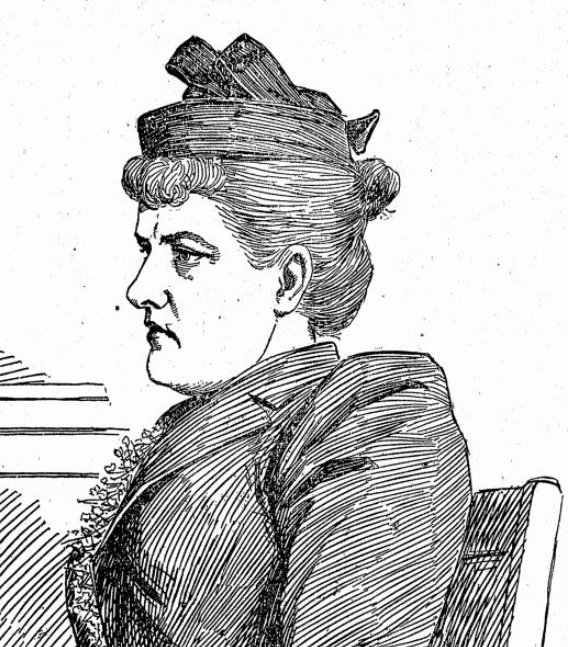 A black and white courtroom sketch from the turn of the century depicting a stern looking woman, wearing dark suit and hat.