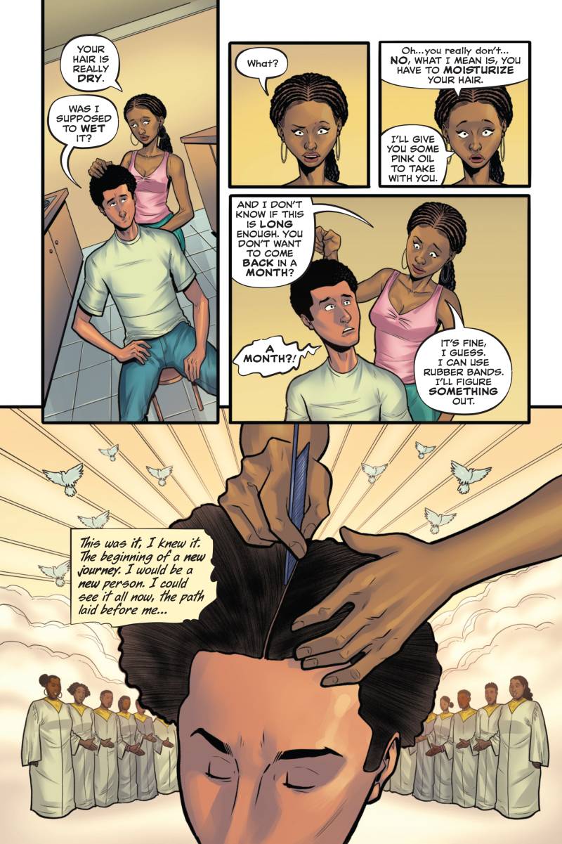 Five comic book panels depict a young man going to get his hair braided for the first time. 