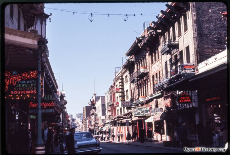 A block in San Francisco's Chinatown with many bars.