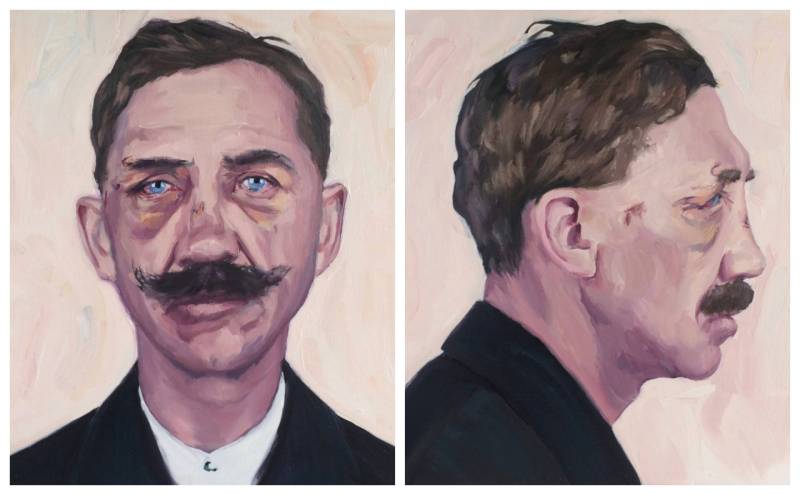 Two oil paintings of a man's mugshots with a large mustache and a face marked with cuts and bruises