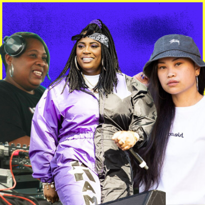 A collage features Pam the Funkstress on her turntables, Kamaiyah performing in a windbreaker jumpsuit and Ruby Ibarra posing in a bucket hat.