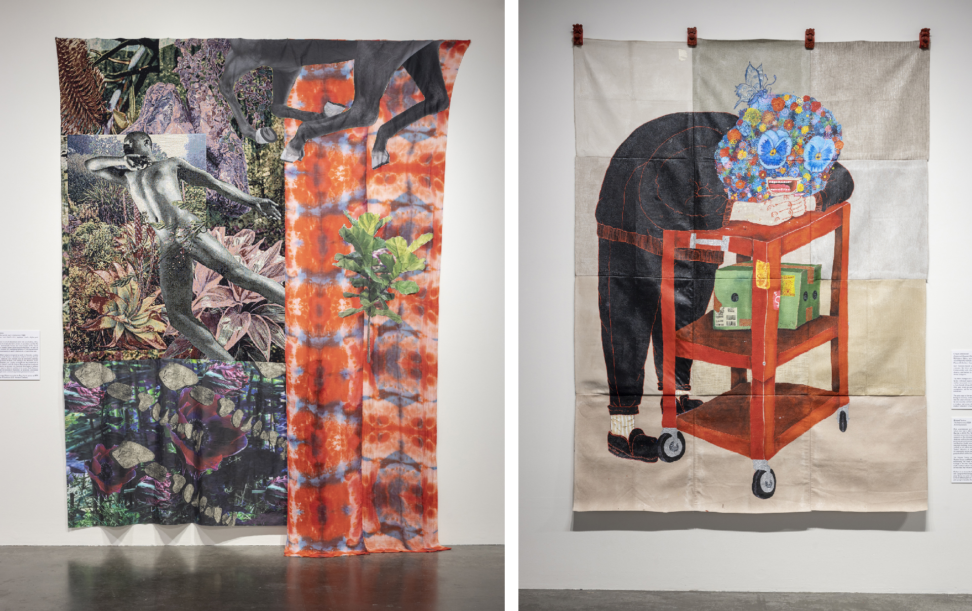 Two wall-hanging textile works in composite image, one ornate and flowery, the other a figure leaning on a cart