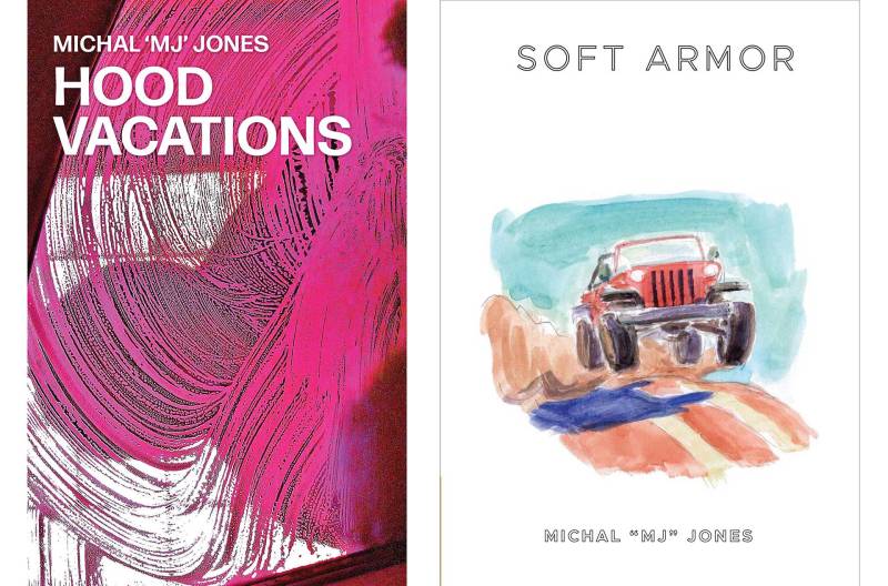 Two book covers; one with an abstract pink, black and white image, the other with a white background and illustration of a car