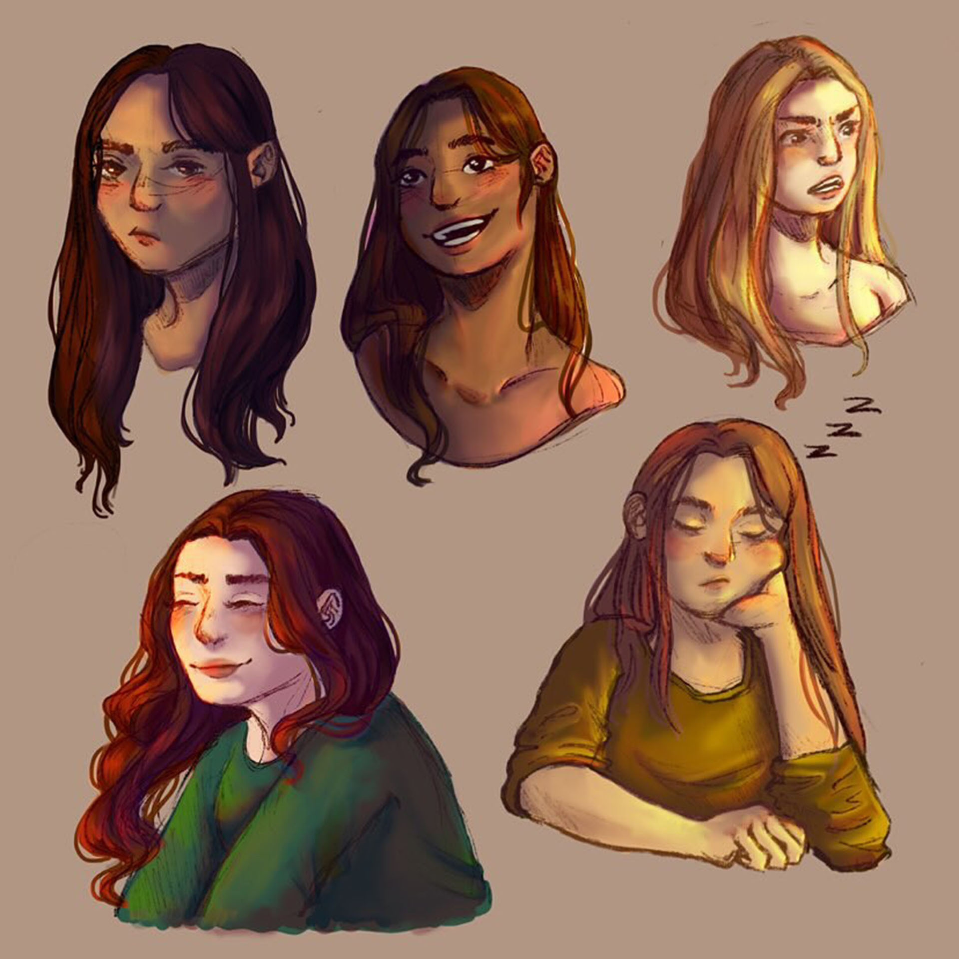 Color sketches of five young women showing various emotions — annoyed, dozing off, etc.