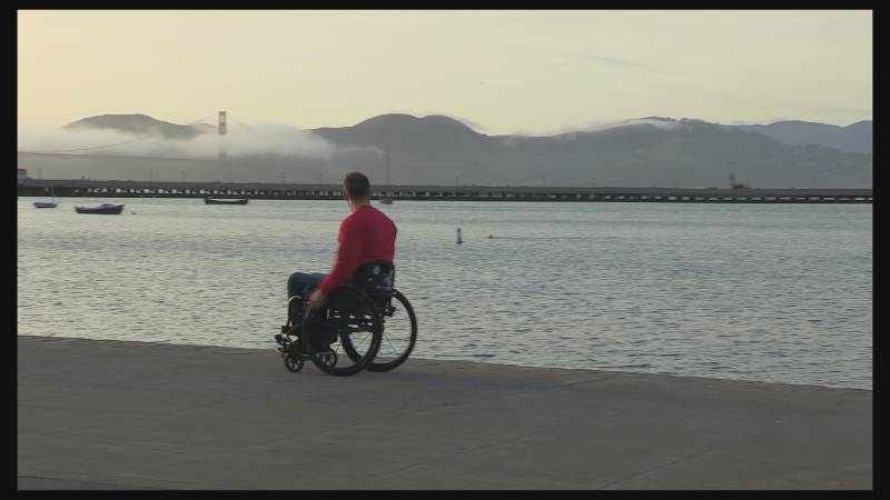 a man in a red shirt sits in a wheelchair with his back to the camera looking out at the bay