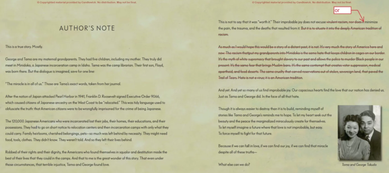 A double page spread titled Author's Note, with sections of text highlighted in red.